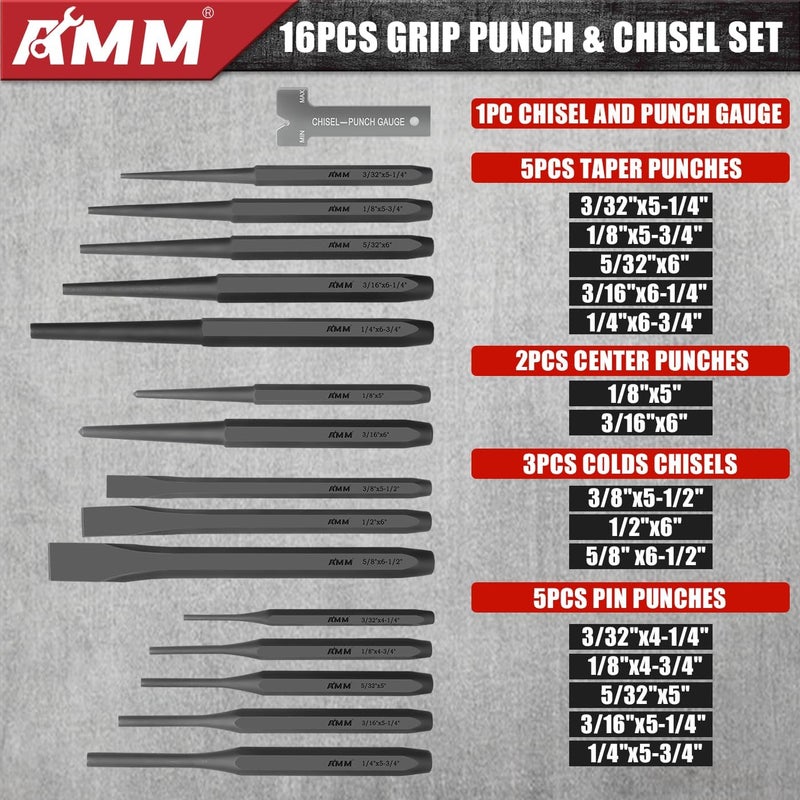 AMM 28 PCS Heavy Duty Punch and Chisel Set, Including Taper Punch, Cold Chisels, Pin Punch and Center Punch, Cr-V, Ideal for Working with Wood, Metal, Automotive, Sculpture, etc - Image 3